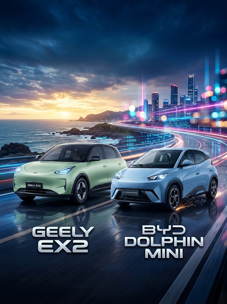 Arte de campanha com Geely EX2 verde e BYD Dolphin Mini azul em uma estrada futurista junto ao mar