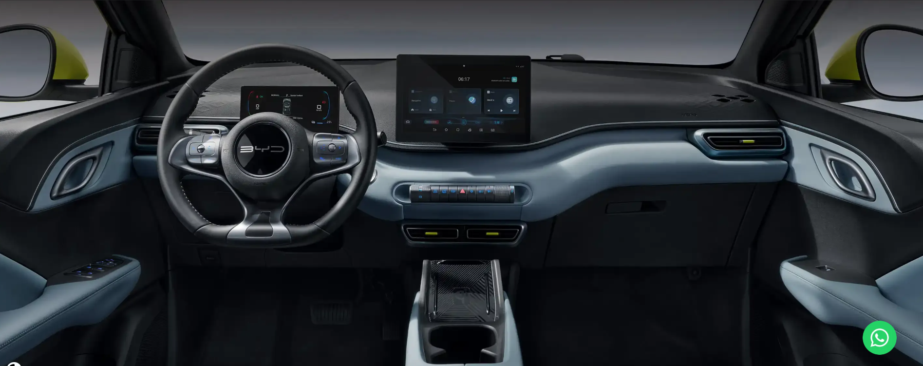 Interior do BYD Dolphin Mini com volante, painel digital e tela central